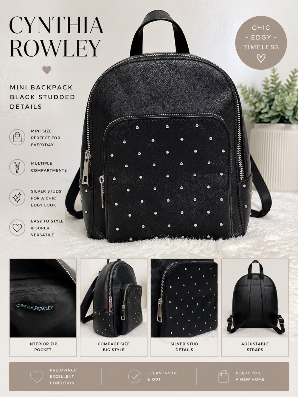 Cynthia Rowley Black Studded Mini Backpack | Chic Everyday Bag